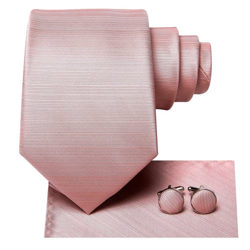 Hi-Tie ربطات عنق رجالية هاي تاي مزخرفة بتصميم كلاسيكي مع منديل وأزرار أكمام مجموعة ربطة عنق مخططة للأعمال، وردي فاتح - Image 2